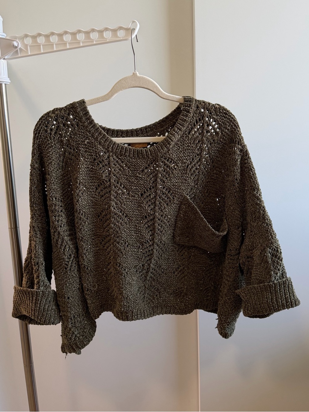 POL Olive Green Open-Knit Crewneck Sweater with Pocket